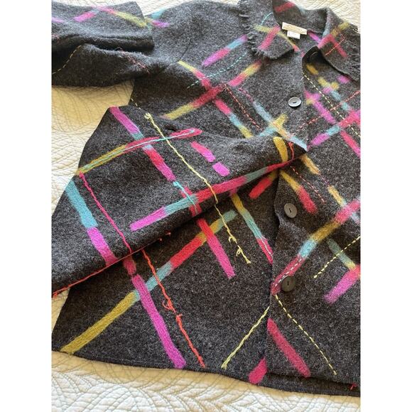Vintage Talbots Boiled Wool Grey & Rainbow Disco Button Up Fringe Cardigan Med - Picture 9 of 9